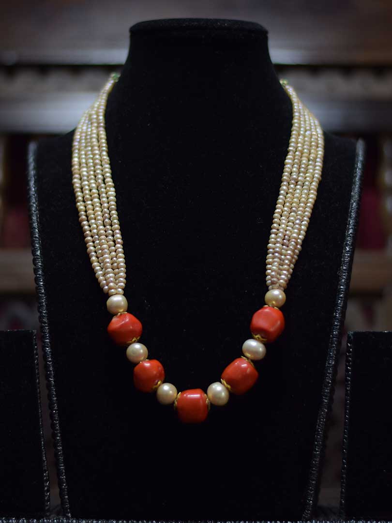 3 Strand 2024 Red Coral and White Pearl Open Style Necklace