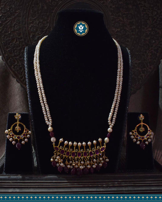 Hyderabadi Jadau Tirmani Necklace Set: Pearls & Ruby Delight (Essential 2)