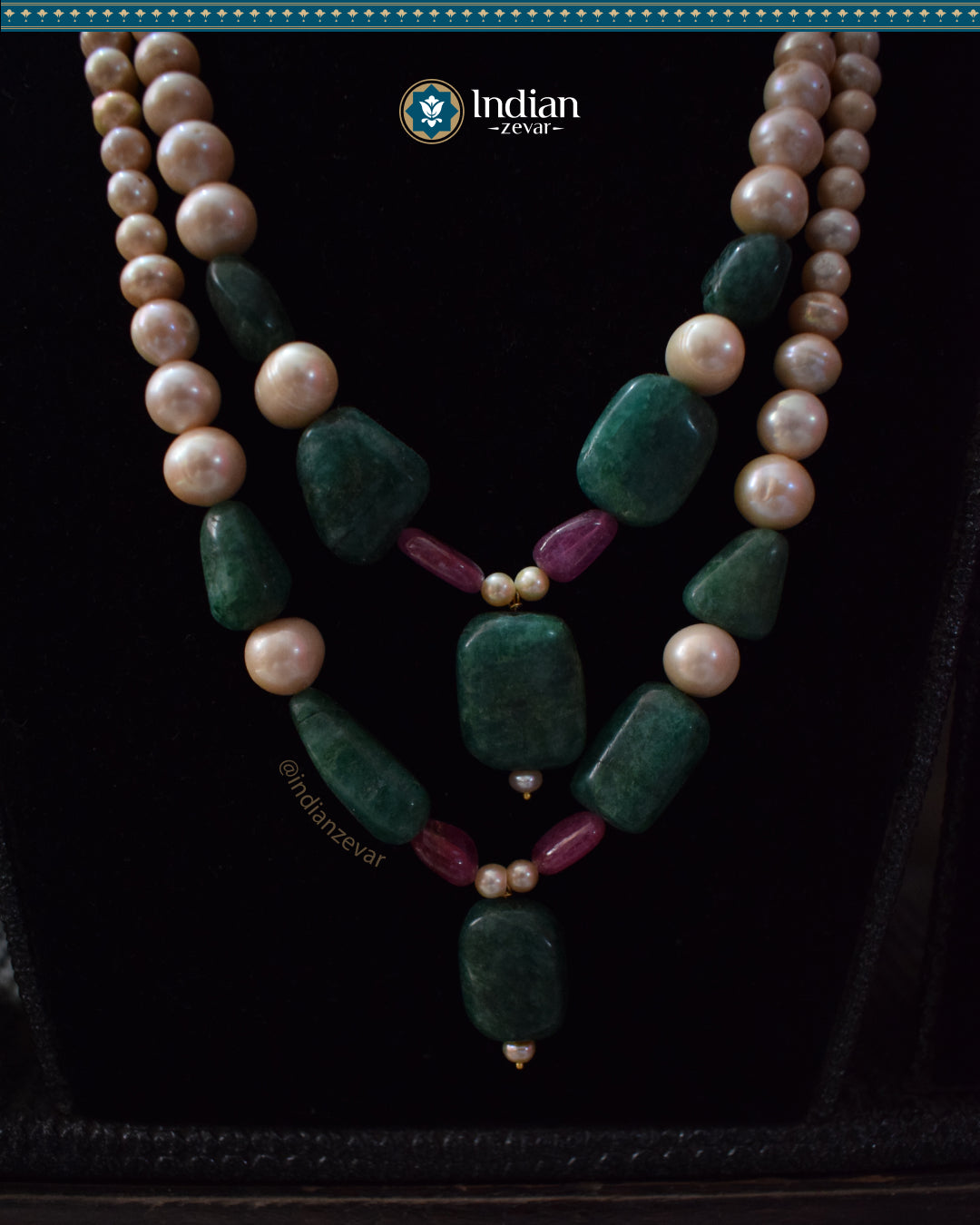 Effortless Elegance: Double Strand Gradation Pearl, Beryl Emerald & ruby Necklace