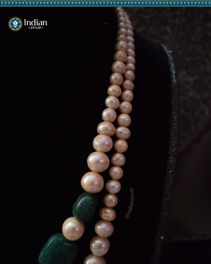 Effortless Elegance: Double Strand Gradation Pearl, Beryl Emerald & ruby Necklace