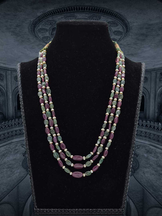 Treasured Trio: Emerald, Ruby & Pearl Necklace (3 Strands, Everyday Elegance)