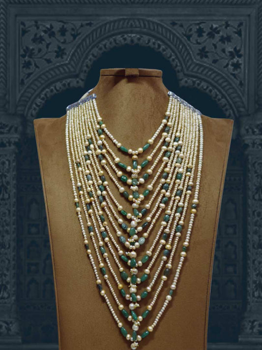 Enchanted Opulence: Grand Opera 12-Strand Pearl & Emerald Statement Necklace (Exclusive Design)